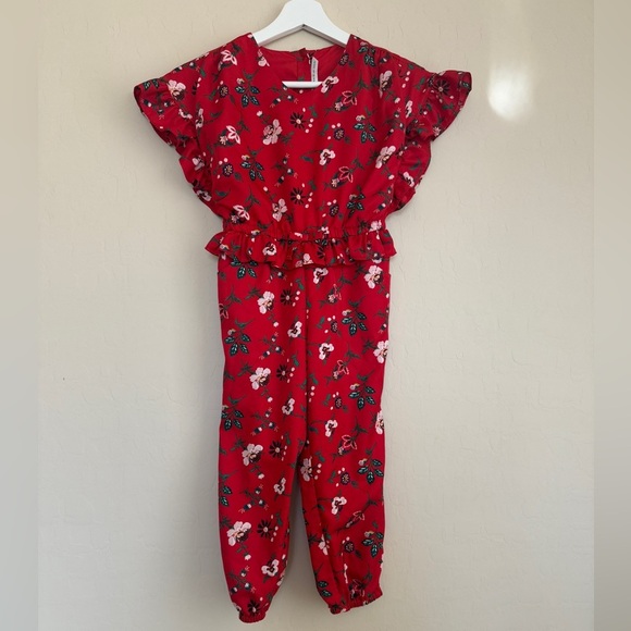 Jane and Jack Girls Bradbury Red Floral Ruffle Jumpsuit Size 6 - Picture 1 of 8
